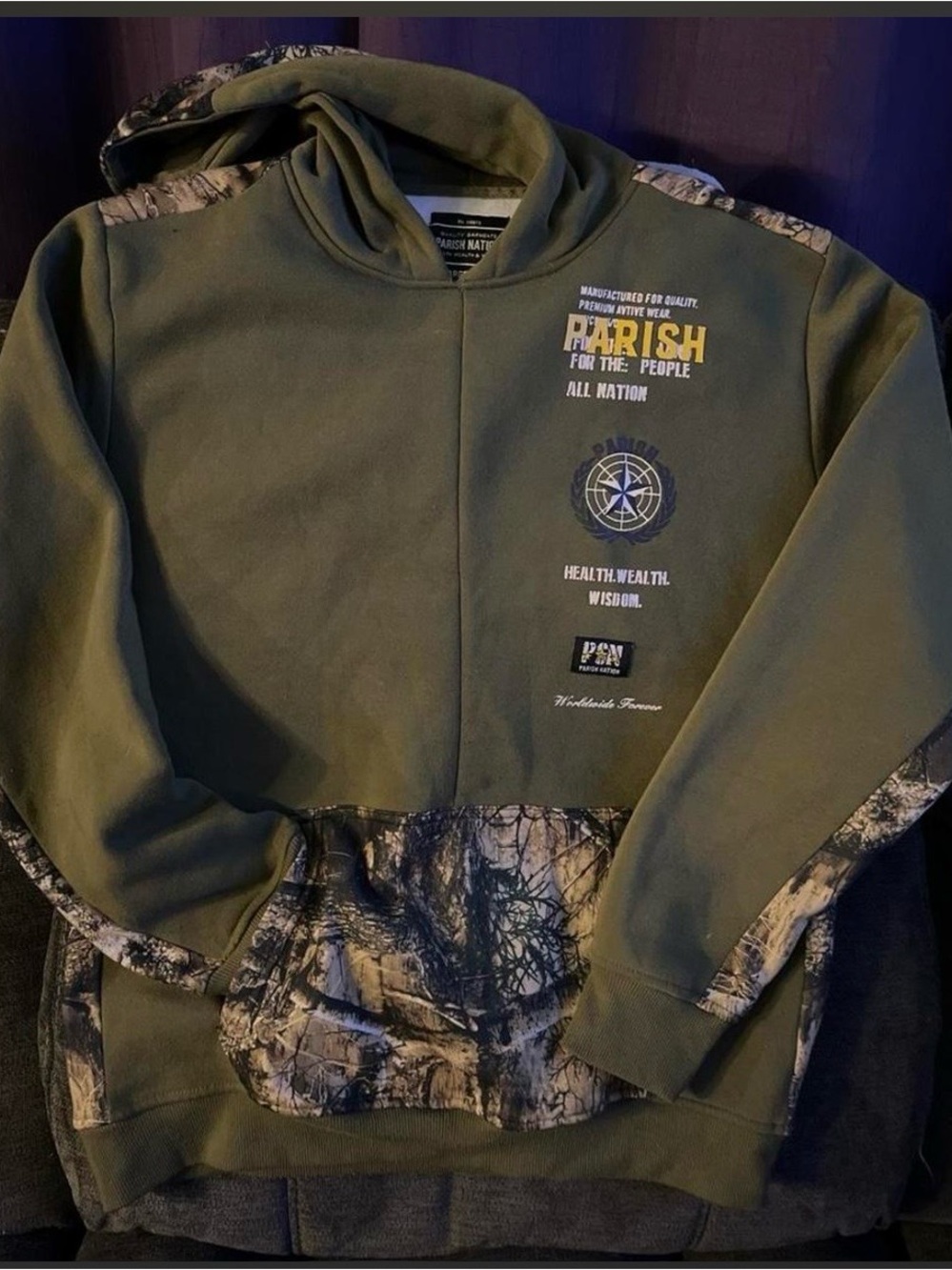 Olive Green Camo-Trim Men's Hoodie Sweater